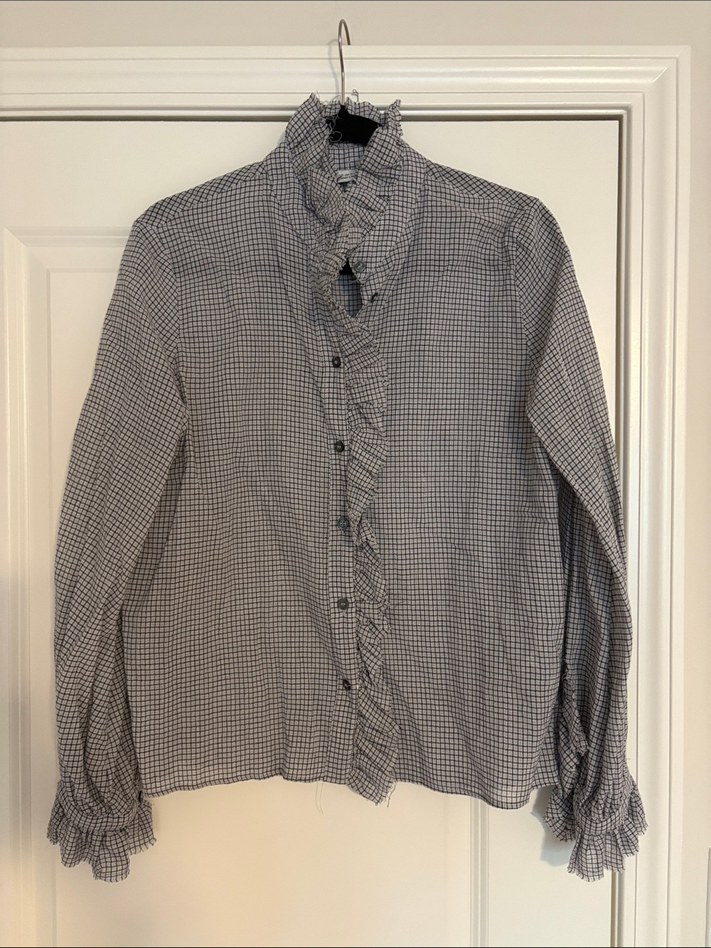 Zara Black and White Gingham Ruffle Button-Down Shirt